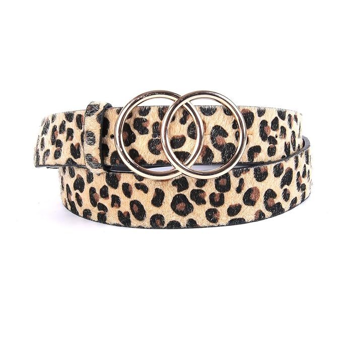 Women Double O Ring Leopard Belt, Gold Leopard Hair Print Belt for Jeans/Dress | Amazon (US)