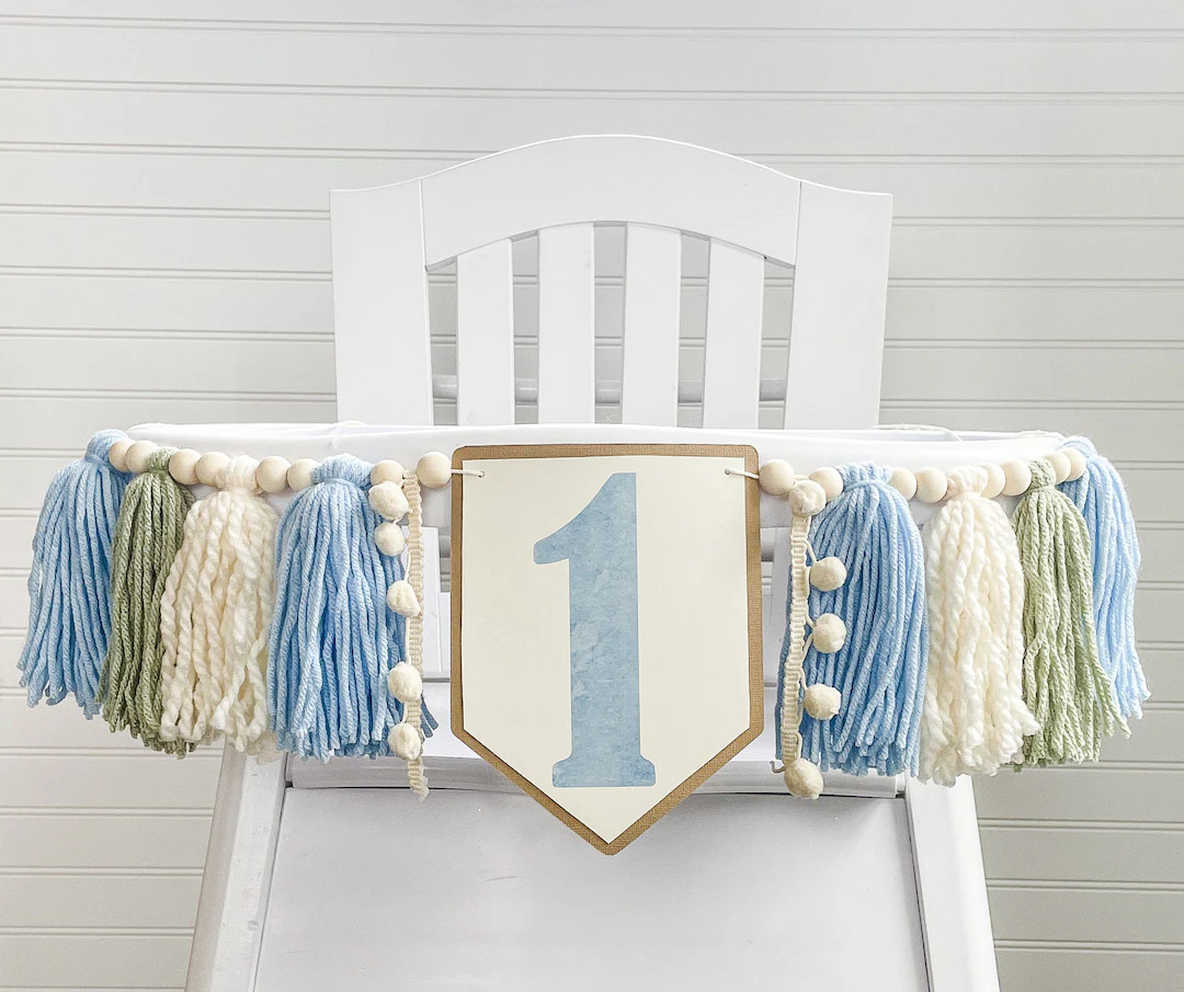 Blue Sage Ivory 1st Birthday Boy High Chair Yarn Tassel Banner, High Chair Banner, Cake Smash Bac... | Etsy (US)