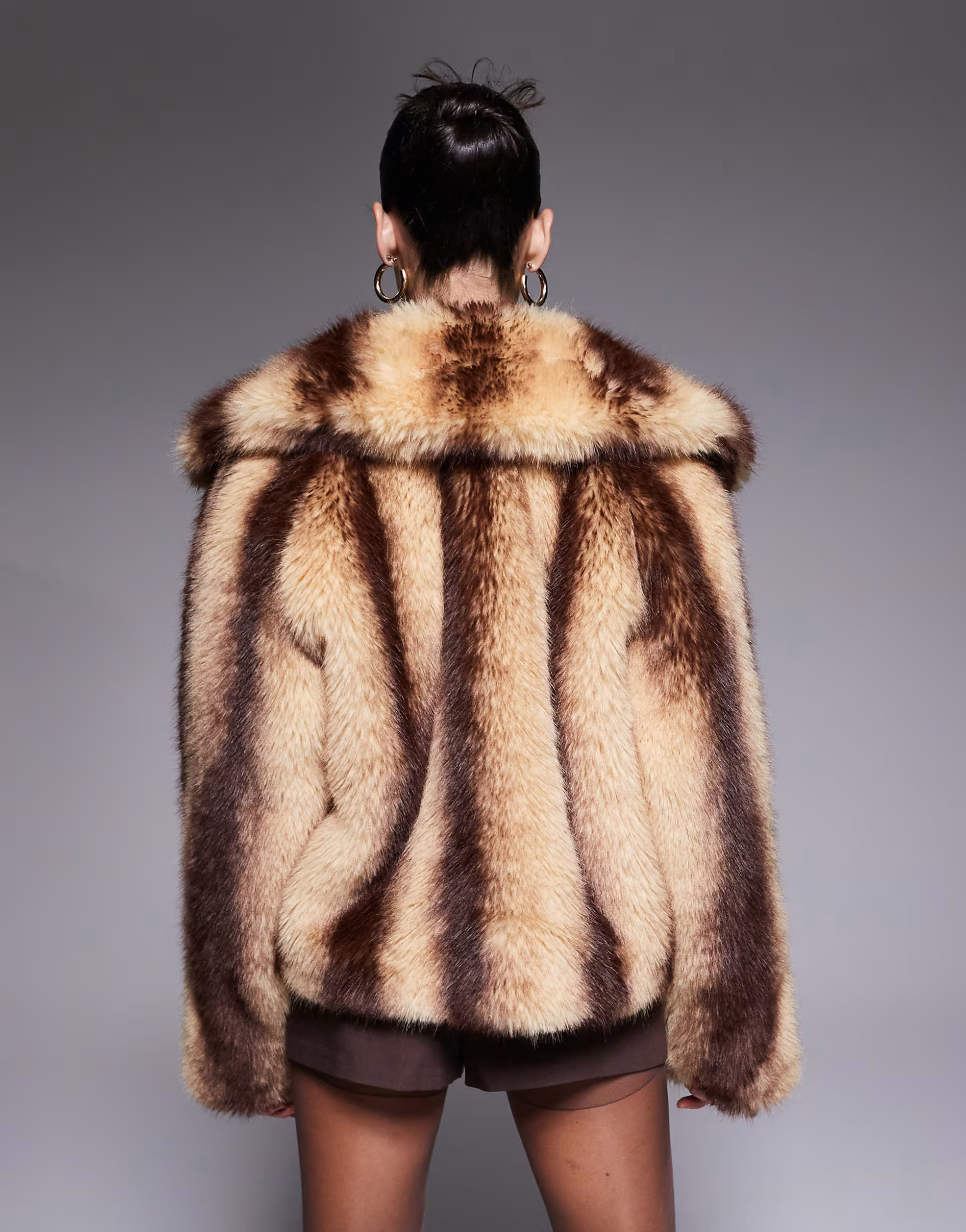 Aria Cove faux fur midi coat in cream and brown stripe | ASOS (Global)