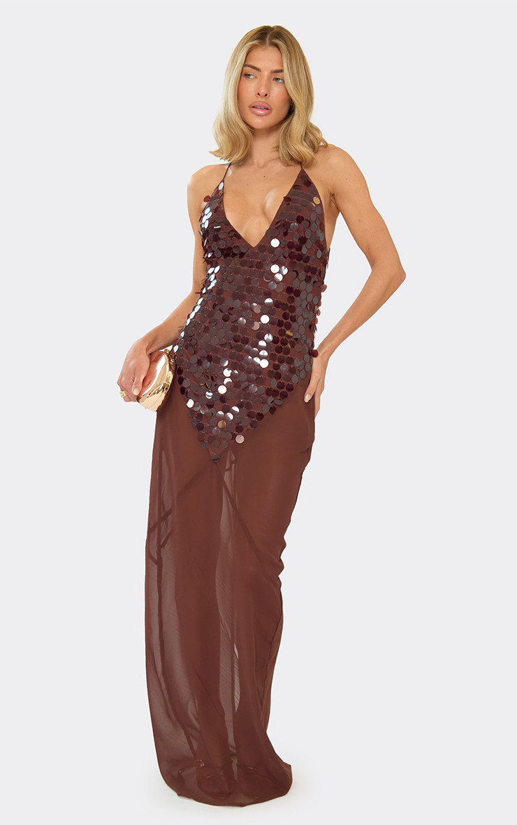 Strappy Plunge Disc Sequin Sheer Panel Maxi Dress In Chocolate Brown | EGO (UK)