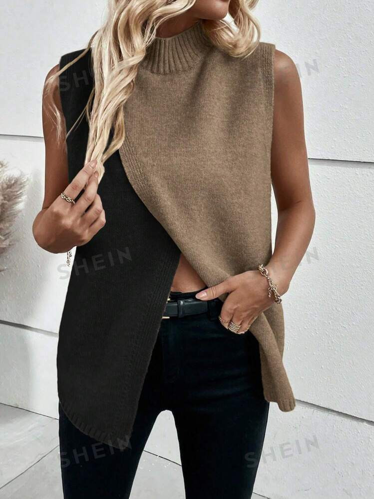 SHEIN LUNE Casual Retro Color Block Criss-Cross Design Women Knitted Sweater Vest | SHEIN