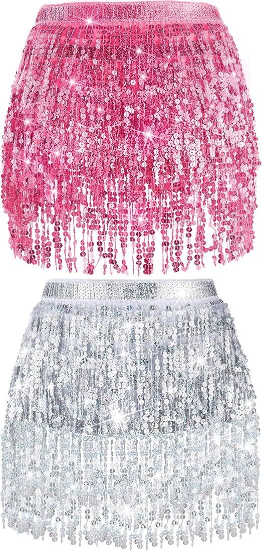 2 Pieces Sequin Tassel Skirt Belly Dance Hip Scarf Performance Outfit Sequins Skirt Belts Body Acces | Amazon (US)