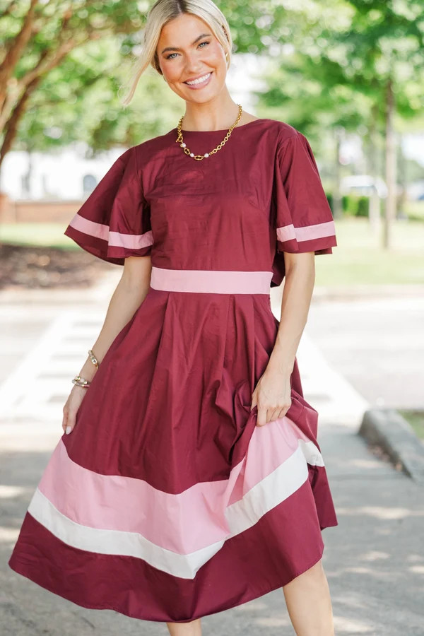 In Good Taste Burgundy Bow Stripe Midi Dress | The Mint Julep Boutique