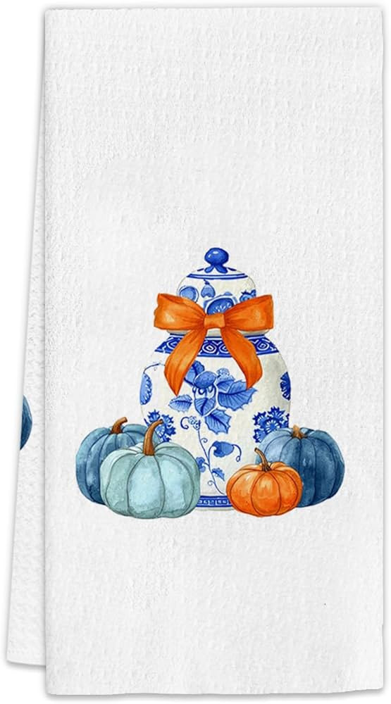 Chinoiserie Fall Pumpkin Kitchen Towels, Blue and White Porcelain Pumpkin Dish Towels, Orange Bow... | Amazon (US)