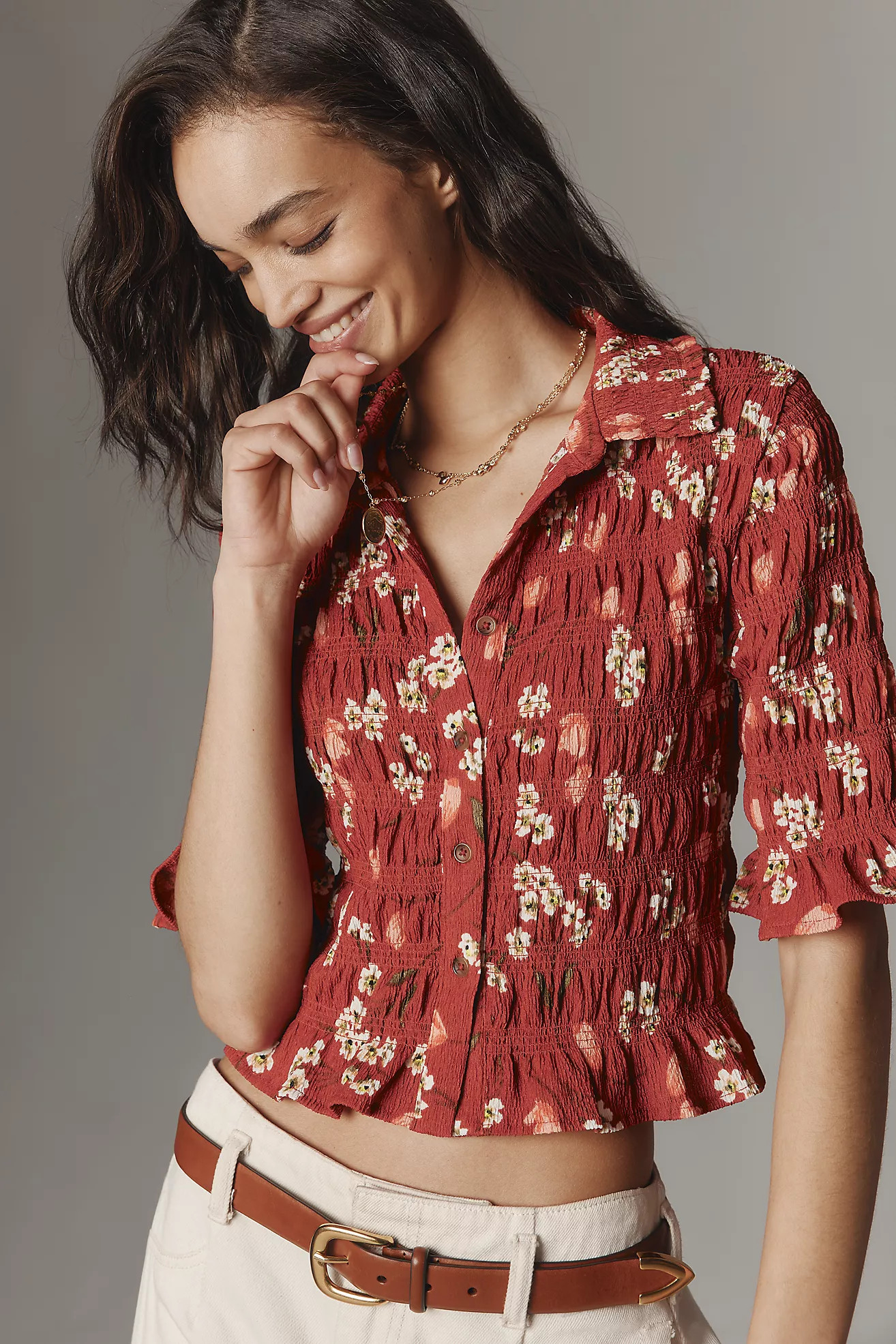 Maeve Smocked Button-Front Top | Anthropologie (US)