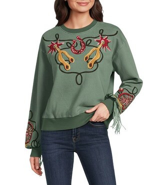 Knit Crew Neck Long Sleeve Embroidery Fringe Sweatshirt | Dillard's