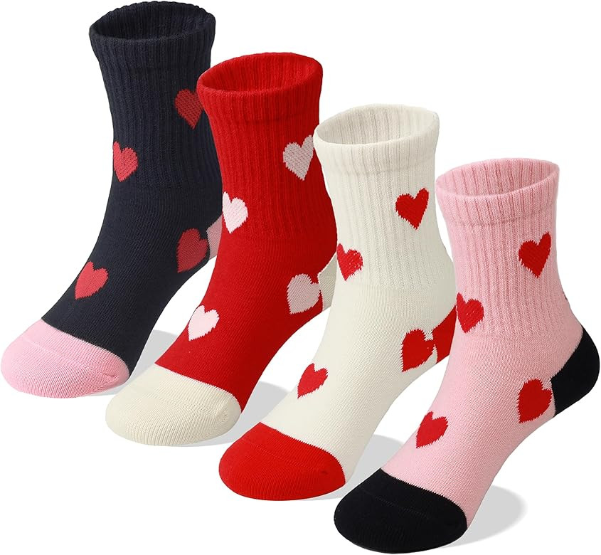 COTTON DAY Kids Girls Pink White Crew Athletic Socks with Retro Stripes Hearts | Amazon (US)