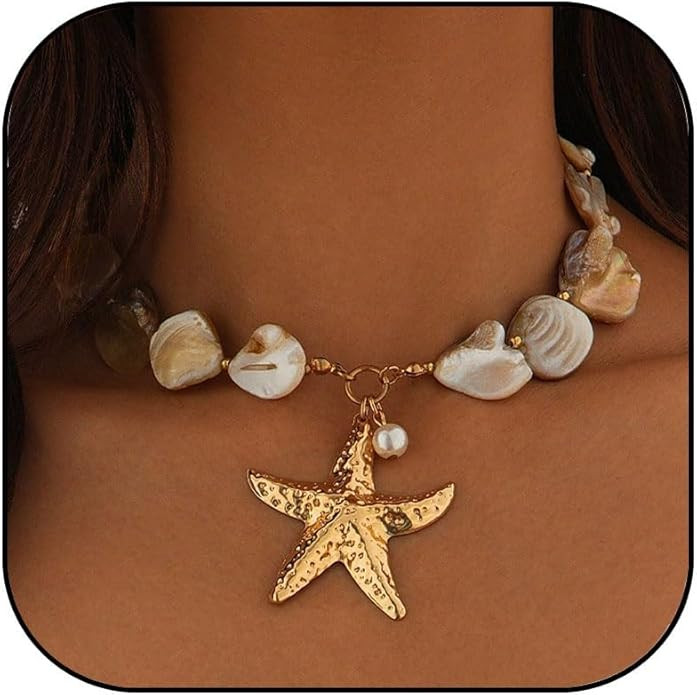 Gold Shell Starfish Necklace for Women Pearl Shell Necklace Layered Beaded Starfish Necklaces Sum... | Amazon (US)