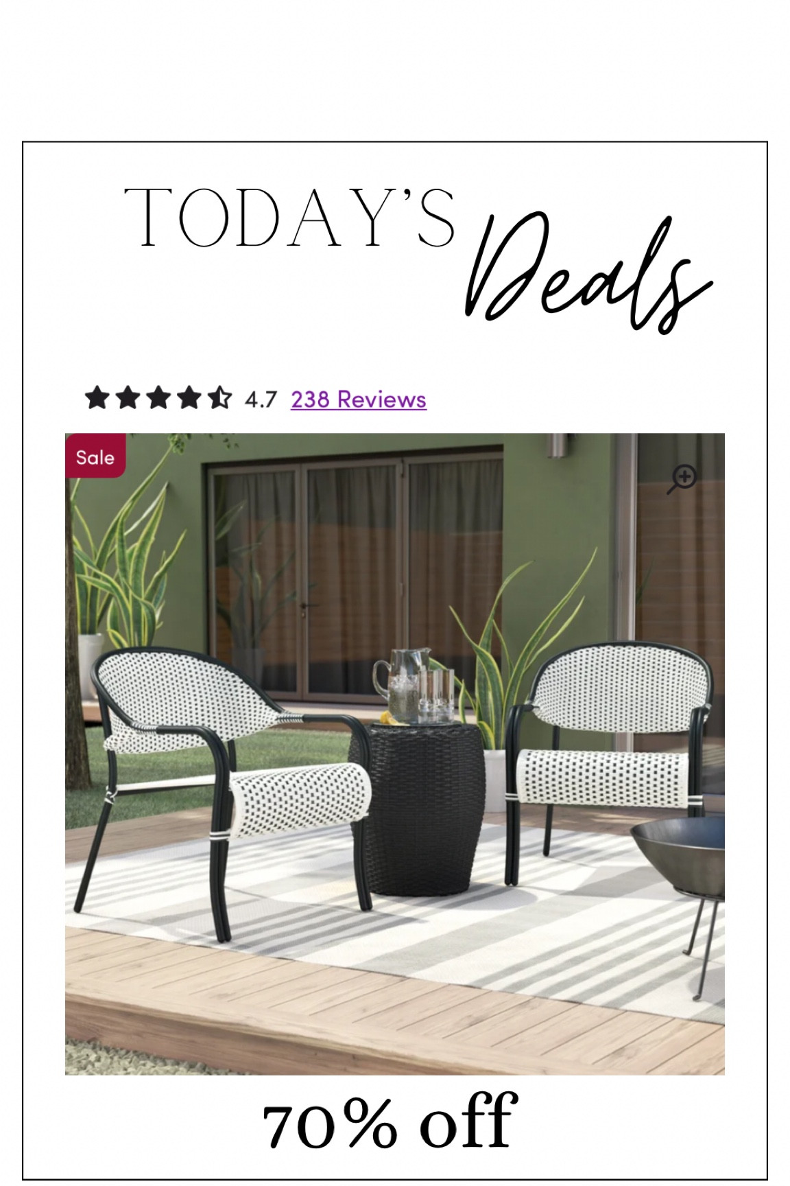 70% off Wayfair deal on these adorable modern patio chairs! 

#LTKSeasonal #LTKSpringSale #LTKhome
