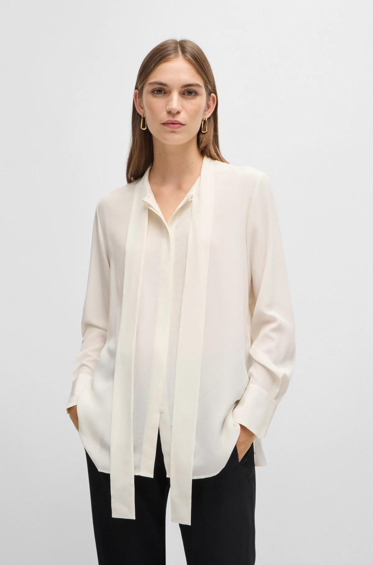 Regular-fit blouse in silk with bow-tie collar | Hugo Boss (UK)