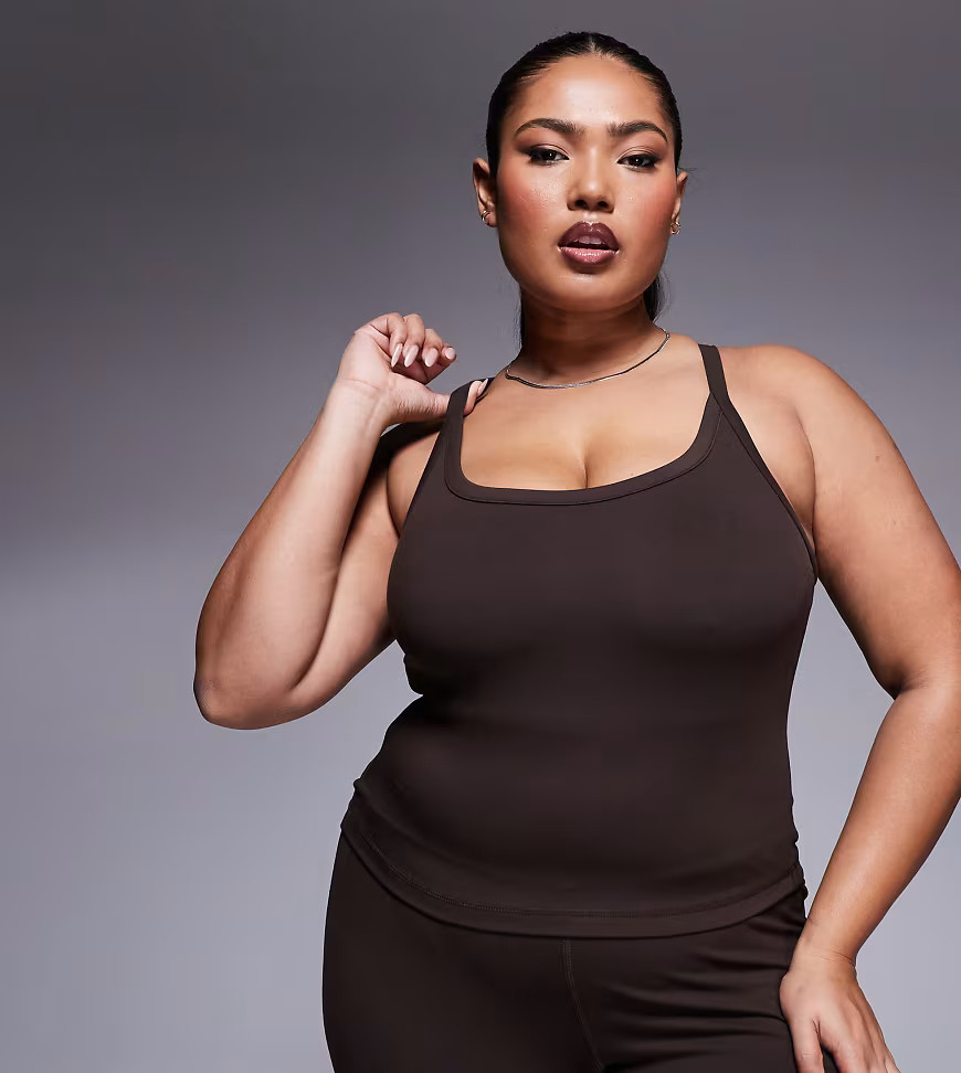 4505 Curve Icon soft touch yoga cami with inner bra in chocolate-Brown | ASOS (Global)