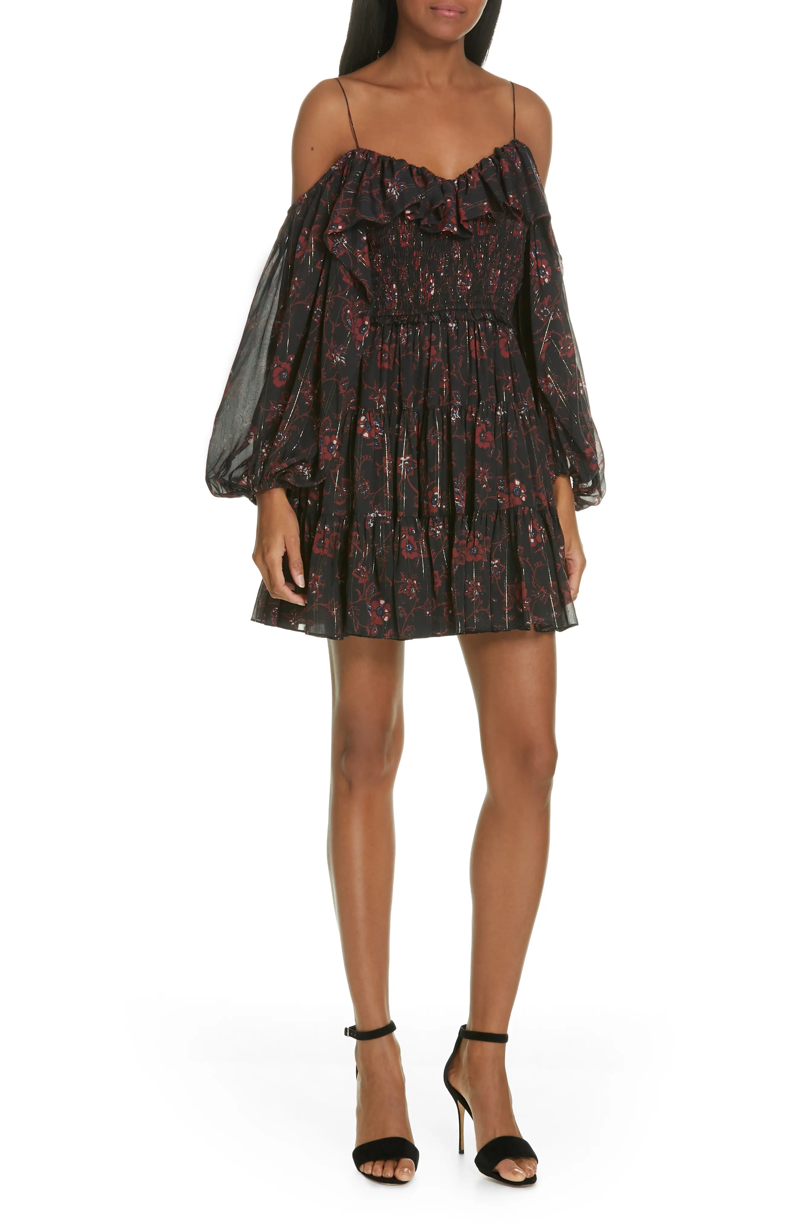 Women's Ulla Johnson Monet Metallic Floral Cold Shoulder Silk Blend Dress | Nordstrom