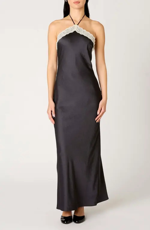 Nia Vesper Lace Satin Halter Maxi Dress in Soot at Nordstrom, Size Large | Nordstrom