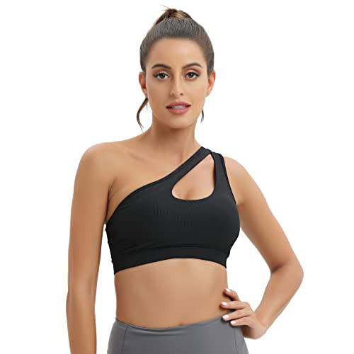 MATHACINO One Shoulder Sports Bra for Women Sexy Cute Workout Yoga Bra Medium Support Ribbed Seamless Sports Bra | Amazon (US)