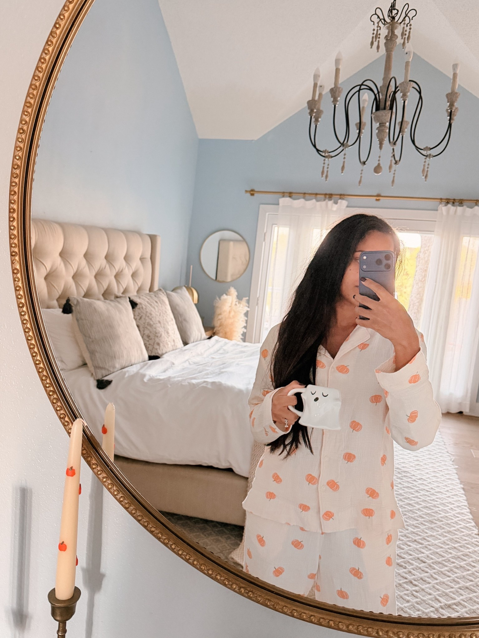 Cozy mornings and pumpkin pajamas are officially my personality until Thanksgiving. These are soft, breathable, and perfect for early fall without being too warm.

Halloween
Pumpkin candles 
Target finds 
Master bedroom decor 
Fall pajamas
Pumpkin pajamas
Cozy fall bedding
Neutral fall decor
Fall candle
Bedroom mirror
Tufted bed headboard
White mug fall aesthetic


#LTKFamily #LTKSeasonal #LTKHalloween