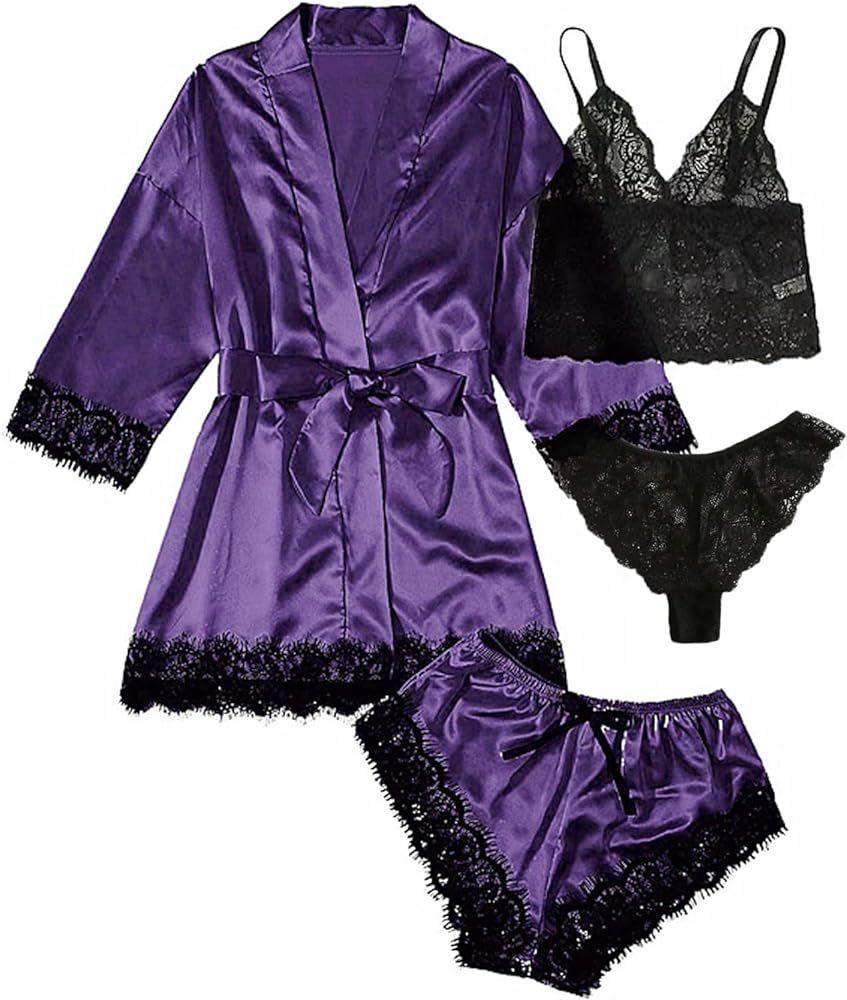 frisekybo Women's 4pcs Sleepwear Satin Lace Cami Pajama Sets with Robe S-XL | Amazon (US)