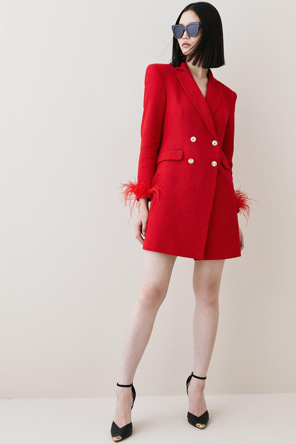 Boucle Double Breasted Feather Cuff Blazer Mini Dress | Karen Millen UK + IE + DE + NL