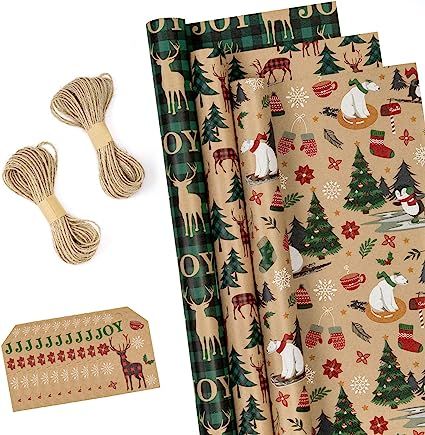 RUSPEPA Christmas Wrapping Paper Rolls with Tags and Jute String - 17 inches x 10 feet per Roll, ... | Amazon (US)