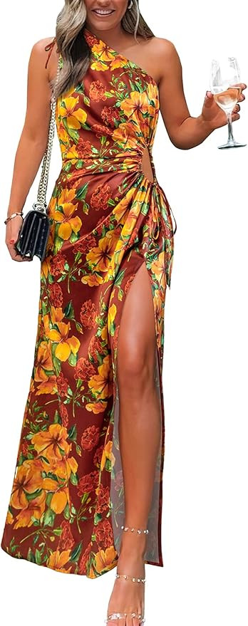 PRETTYGARDEN Women's 2023 Summer One Shoulder Satin Dress Cutout High Split Cocktail Wedding Gues... | Amazon (US)