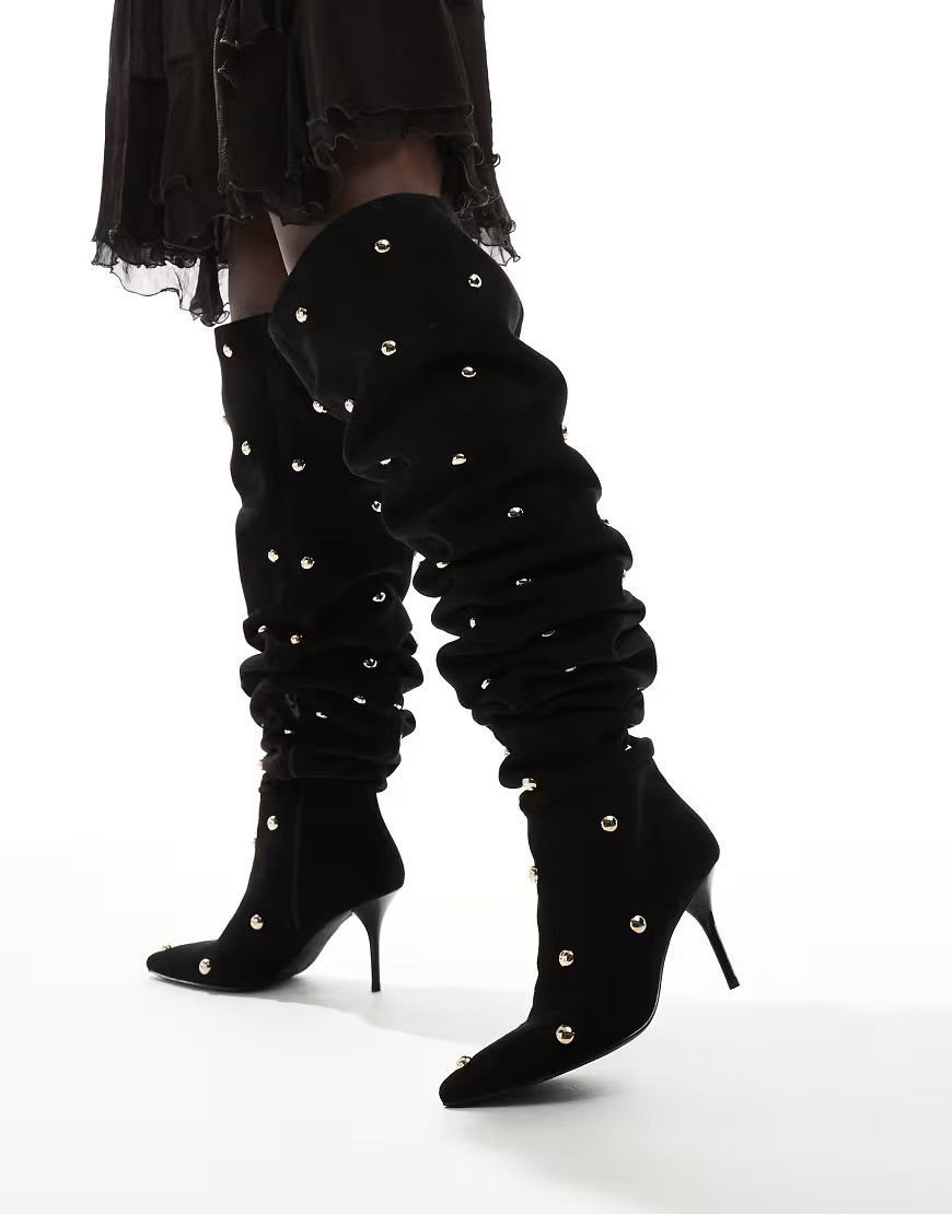 ASOS DESIGN Karma studded heeled over the knee boots in black | ASOS (Global)