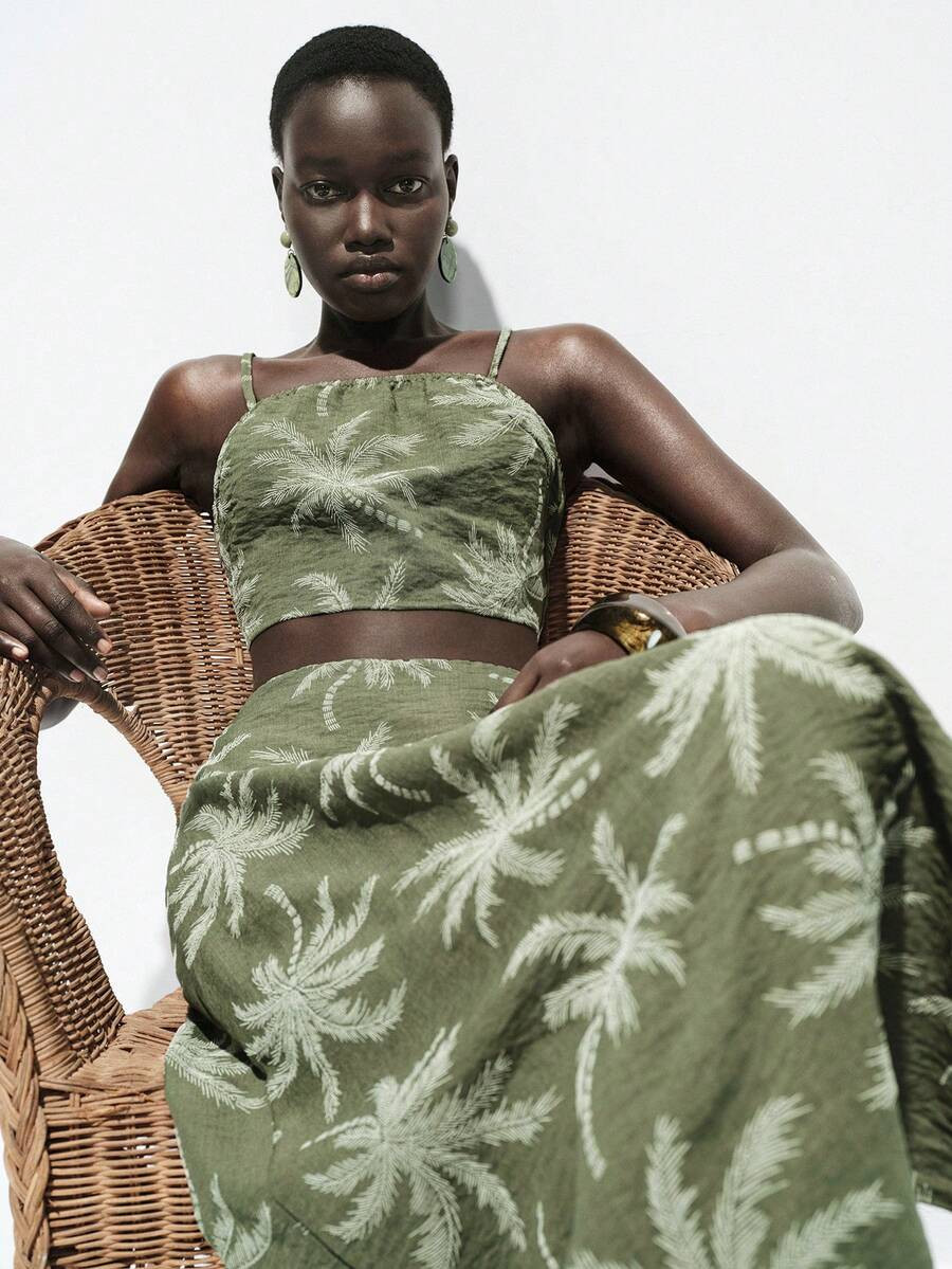 Lumivelle Women's Green Coconut Tree Print Halter Skirt Set, Summer, Boho Tropical, Vacation, Hol... | SHEIN