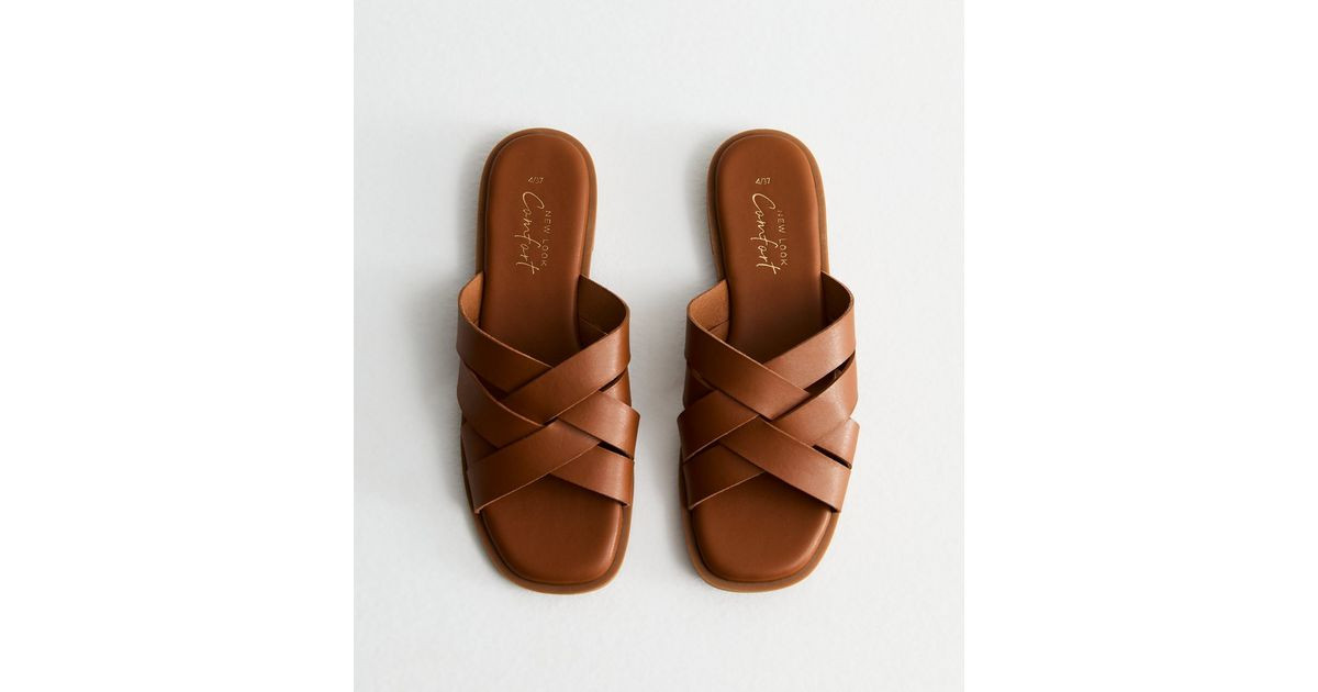 Tan Leather-Look Cross Strap Mule Sandals | New Look | New Look (UK)