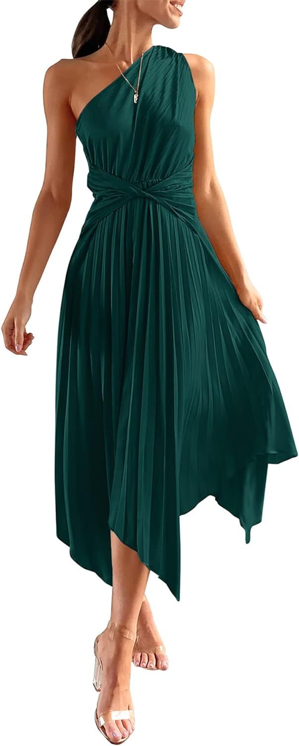 PRETTYGARDEN Women's Summer Long Satin Dress One Shoulder Sleeveless Ruched Twist Flowy Maxi Dres... | Amazon (US)