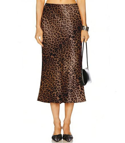 2026 Women's Satin Midi Skirt High Waisted Hidden Elasticized Waistband Flowy A-Line Silk Long Skirts for Women. Brown Leopard | Amazon (US)