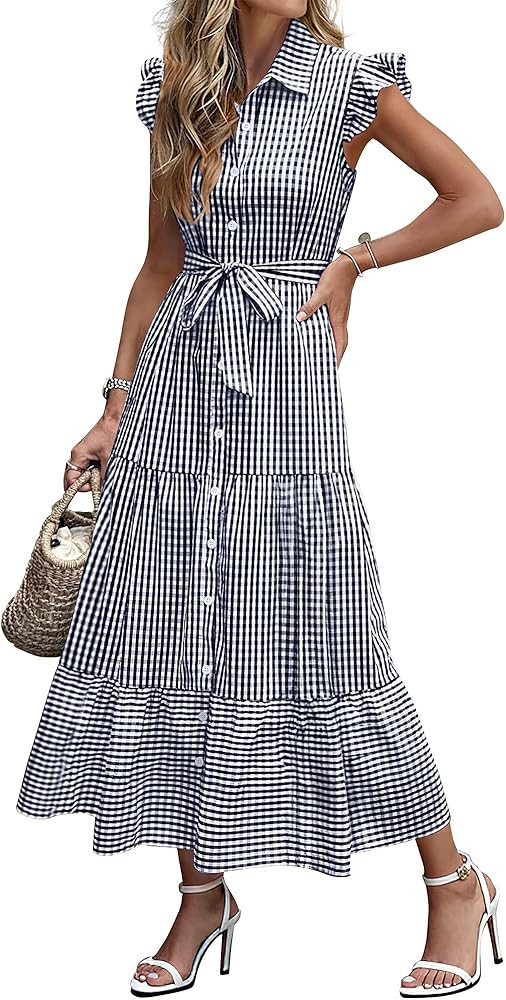 Caracilia Womens Summer Casual Ruffle Cap Sleeve Maxi Dress Button Down Striped Plaid Tie Waist V... | Amazon (US)