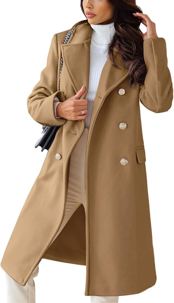 chouyatou Women's Winter Lapel Double Breasted Office Work Long Wool Pea Coat Overcoat | Amazon (US)