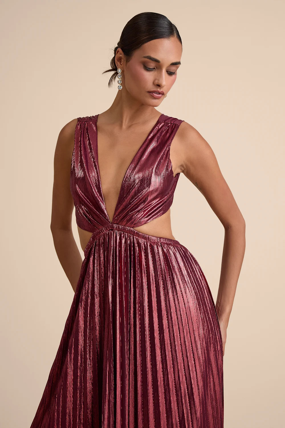 Shining Luxury Wine Red Metallic Lurex Cutout Maxi Dress | Lulus