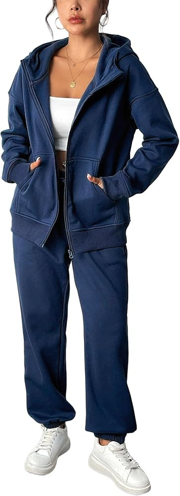 PINSPARK 2 Piece Sets for Women Fleece Sweatsuits Zip Up Hoodie Sweatshirts Drawstring Jogger Swe... | Amazon (US)