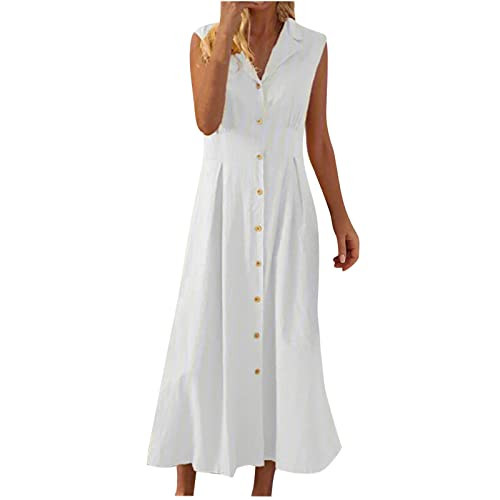 White Summer Dresses for Women V Neck Business Button Down Cotton Linen Maxi Dress Sleeveless Long Sundress Sun Dresses M | Amazon (US)