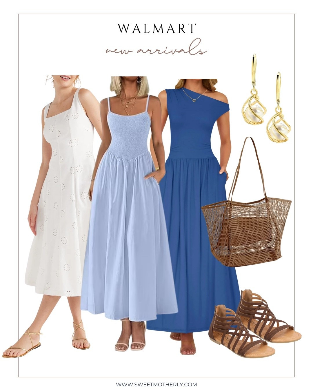 These Walmart dresses are ideal for summer travel, weekend getaways, and casual weddings. The white eyelet midi, blue smocked sundress, and bold shoulder dress are easy, flattering options under $50. Add comfy summer sandals and gold earrings to complete the look—vacation outfits made easy.

#LTKFindsUnder50 #LTKStyleTip #LTKOver40
