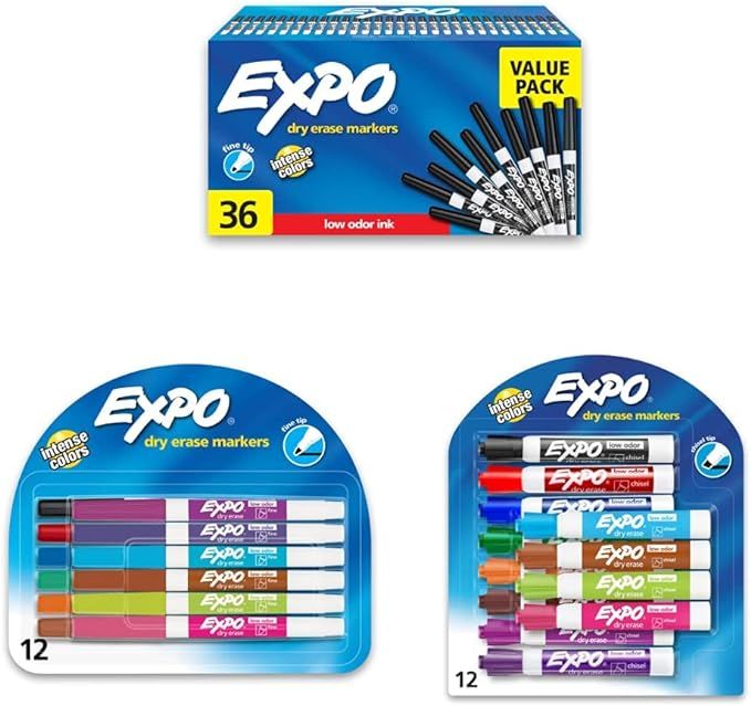 EXPO Low Odor Dry Erase Markers, Fine Tip, Black & Expo Low Odor Dry Erase Markers, Fine Tip, Ass... | Amazon (US)