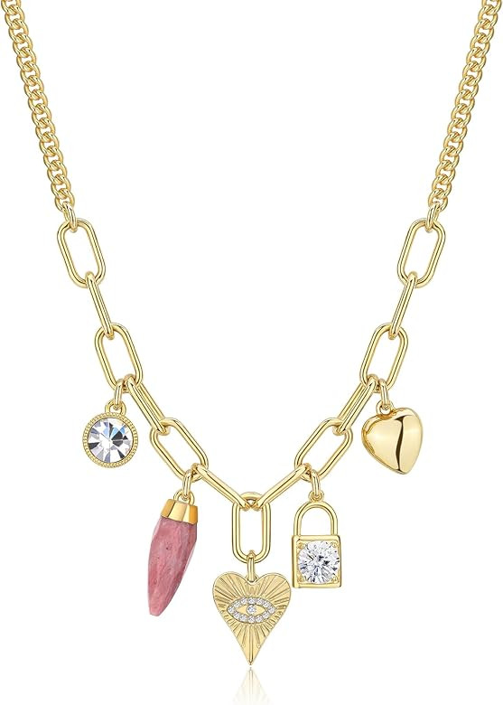 Chunky Charm Necklace, 14k Real Gold Plated Paperclip Chain Handmade Drop Heart Jewelry for Women | Amazon (US)