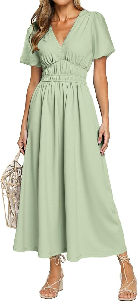 Simplee Women's Summer Flowy Midi Dress Casual V Neck Short Sleeve Empire Waist Boho Beach Dress ... | Amazon (US)