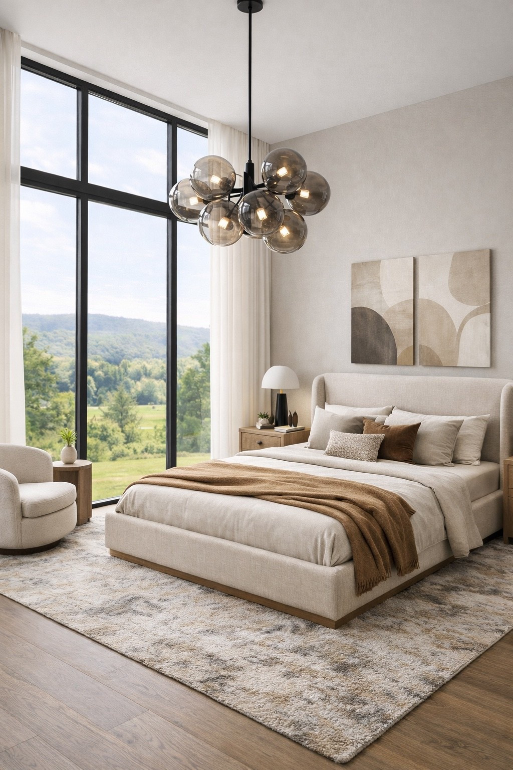 Elegant modern bedroom featuring a soft beige upholstered bed, cozy neutral bedding and a sculptural glass chandelier. Large floor-to-ceiling windows bring natural light and stunning outdoor views, creating a calm and luxurious atmosphere perfect for a modern minimalist bedroom design.

#bedroomdesign
#modernbedroom
#neutralbedroom
#luxurybedroom
#bedroomdecor
#interiordesign
#homedecor
#pinteresthome
#moderninterior
#bedroominspo
#cozyhome
#neutraldecor
#ltkhome
#luxuryinteriors
#minimalhome