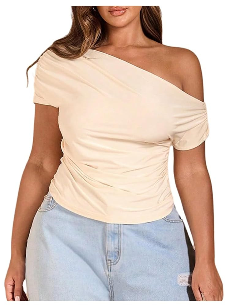 WDIRARA Women's Plus Size Off Shoulder Tee Shirt Ruched Asymmetrical Short Sleeve Tops | Amazon (US)