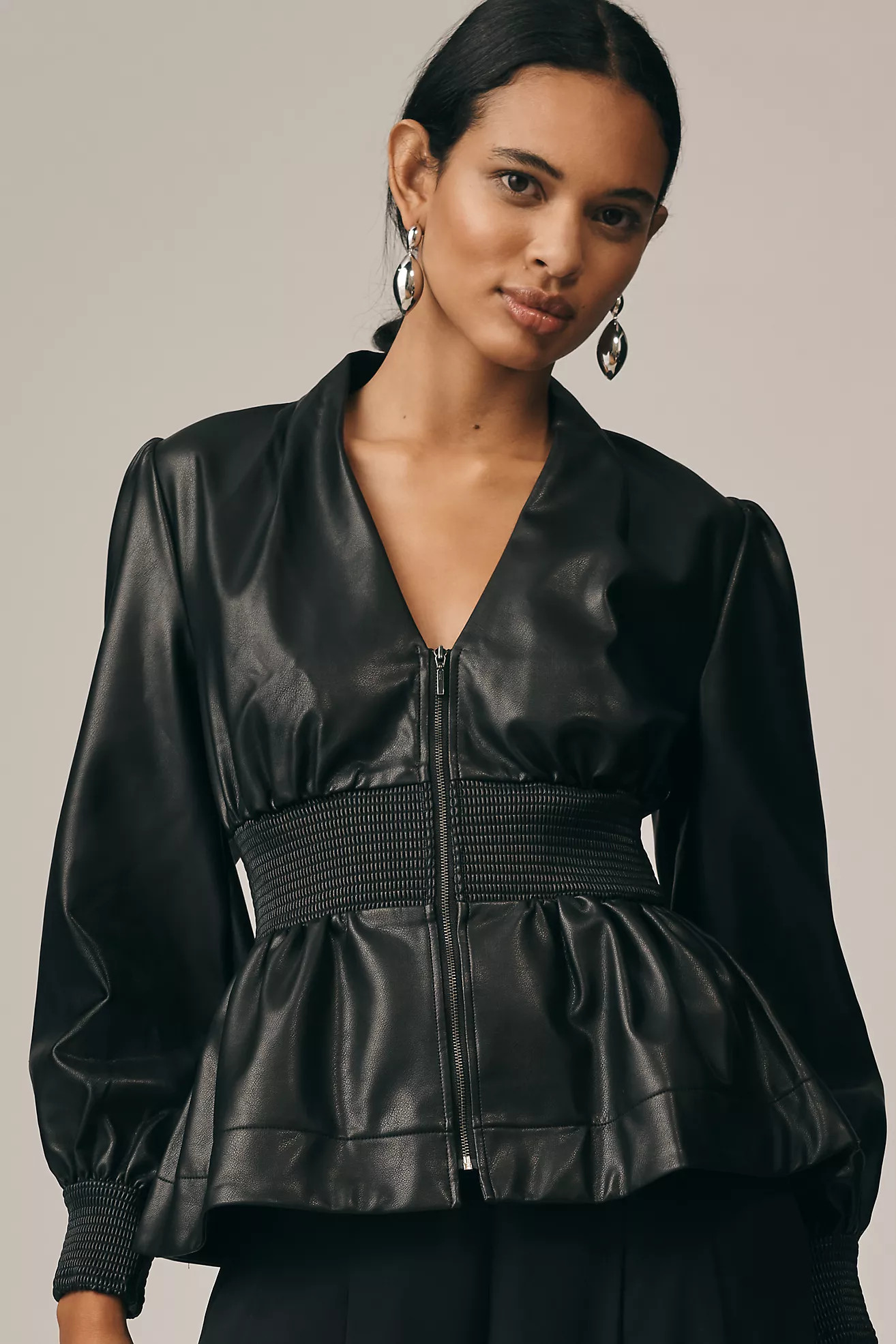 The Tommie Long-Sleeve Faux Leather Smocked Front-Zip Blouse | Anthropologie (US)