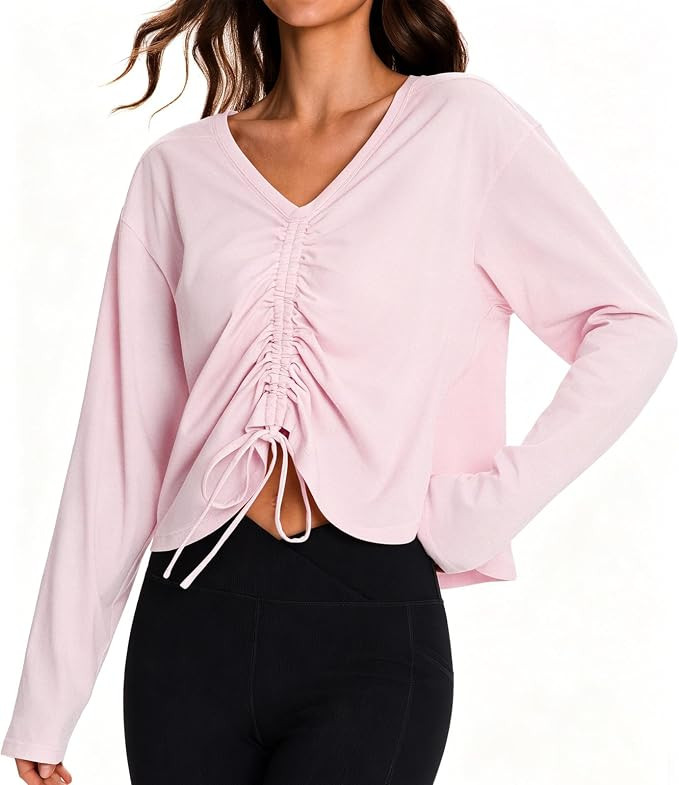 AARYA Athletic Shirts Women, Summer Long Sleeve Reversible Yoga Top with Drawstring Loose V-Neck ... | Amazon (US)