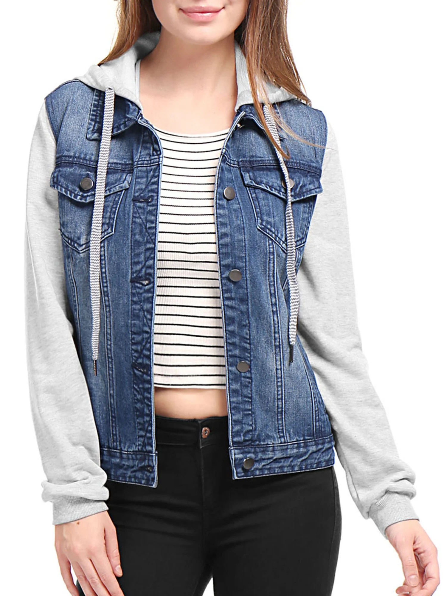 INSPIRE CHIC Women's Denim Jacket Button Down Long Sleeve Drawstring Hood Jean Jackets L Dark Blu... | Walmart (US)