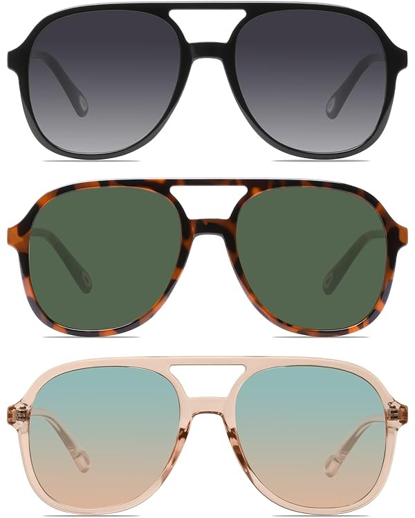 YDAOWKN Retro Square Aviator Sunglasses for Womens Mens Vintage 70s Double Bridge Sun Glasses | Amazon (US)