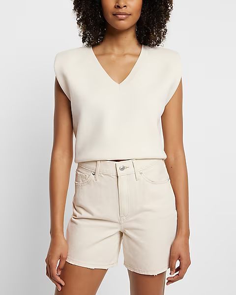 High Waisted Cream Midi Jean Shorts | Express