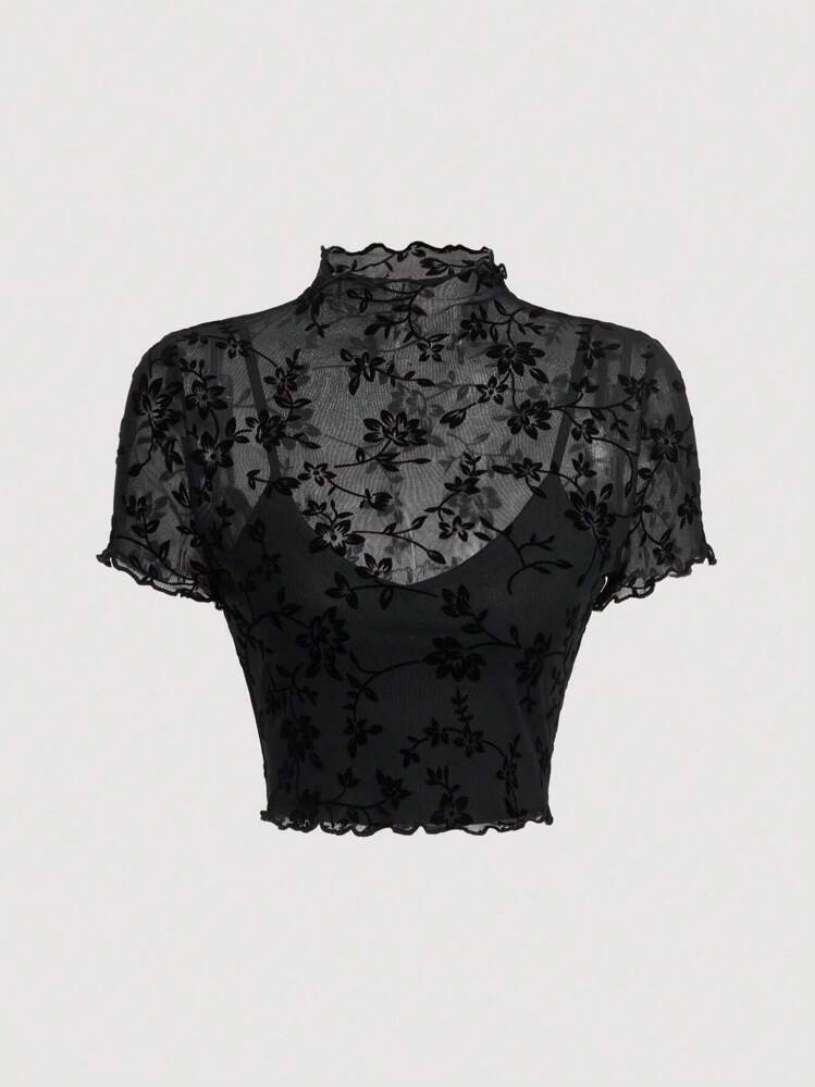 SHEIN MOD Zwart Zomer Date Nacht Bloemenprint Slatrimmen Doorzichtige overlaag Tops | SHEIN