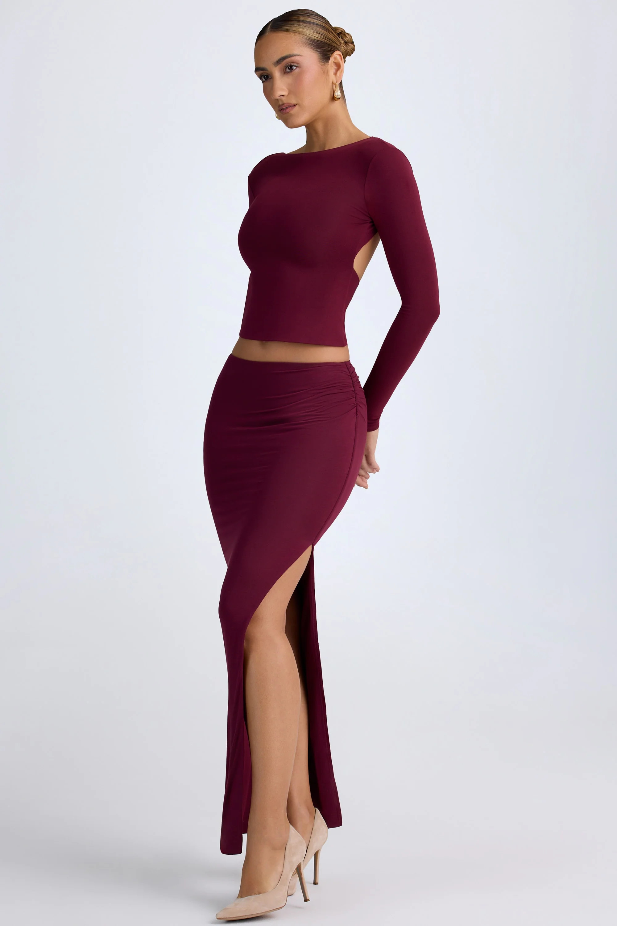 Modal Low-Rise Maxi Skirt in Wine Red | Oh Polly
