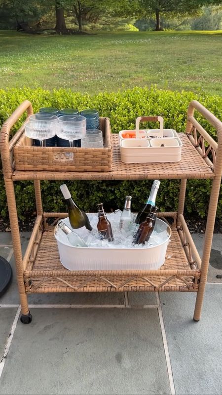 Patio decor, outdoor decor, wicker bar cart, oval beverage tub, steel serve tray, patio umbrella, hobnail glasses, coup glasses, patio loveseat, patio chair, throw pillow

#LTKFind #LTKhome #LTKstyletip