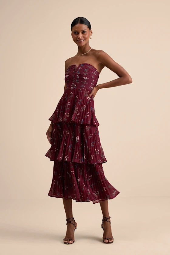 Hadelyn Wine Red Floral Pleated Tiered Midi Dress | Lulus
