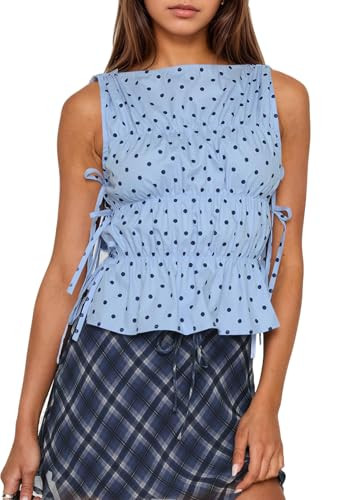 calbatic Women Polka Dot Sleeveless Peplum Tops Side Bow Tie Ruched Smocked Tank Tops Boat Neck S... | Amazon (US)