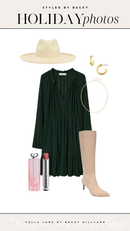 Holiday photo outfit inspiration! Green dress, suede boots, wide brim hat  

#LTKstyletip